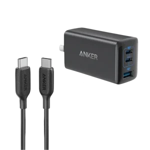 Anker 335 65W 3-Port Charger with USB-C to USB-C Cable for MacBook and Smartphones.