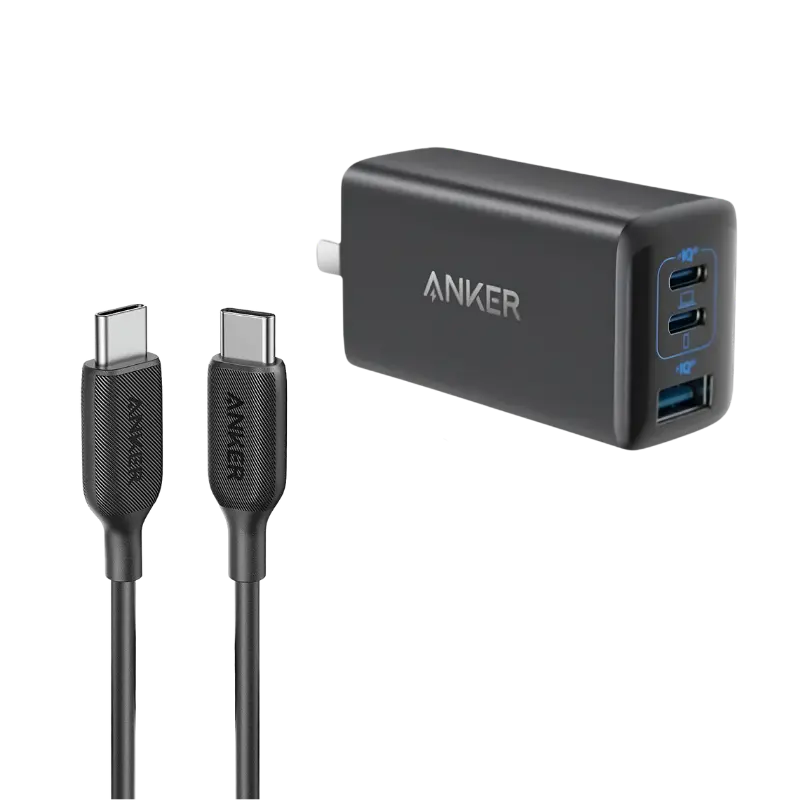 Anker 335 65W 3-Port Charger with USB-C to USB-C Cable for MacBook and Smartphones.