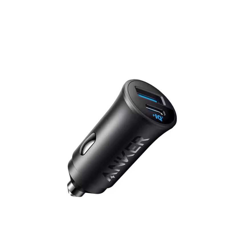 Anker 30W Dual-Port Car Charger with USB-C Power Delivery and PowerIQ.