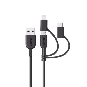 Anker PowerLine II 3-in-1 Cable with MFi Certification for iPhone, Android, and Micro-USB devices.