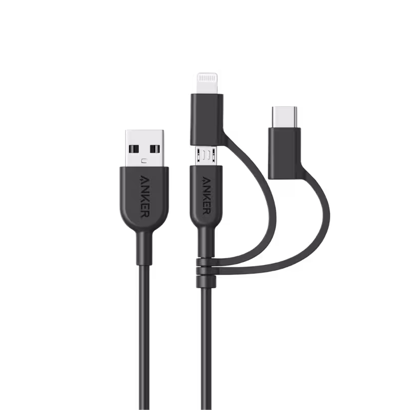 Anker PowerLine II 3-in-1 Cable with MFi Certification for iPhone, Android, and Micro-USB devices.