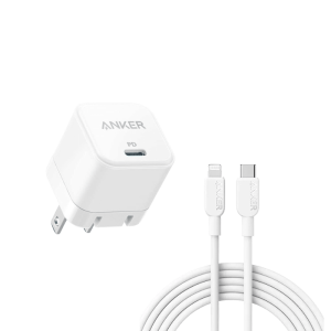 Anker PowerPort 20W USB-C PD Fast Charger with USB-C to Lightning Cable for iPhone.