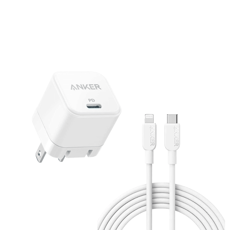 Anker PowerPort 20W USB-C PD Fast Charger with USB-C to Lightning Cable for iPhone.