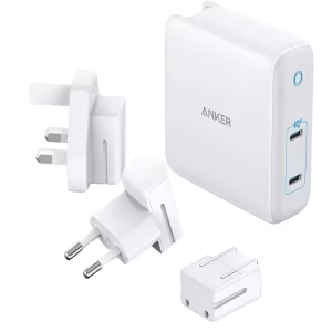 Anker PowerPort Atom III Duo 60W Dual Port Charger with UK, US, and EU Plugs.