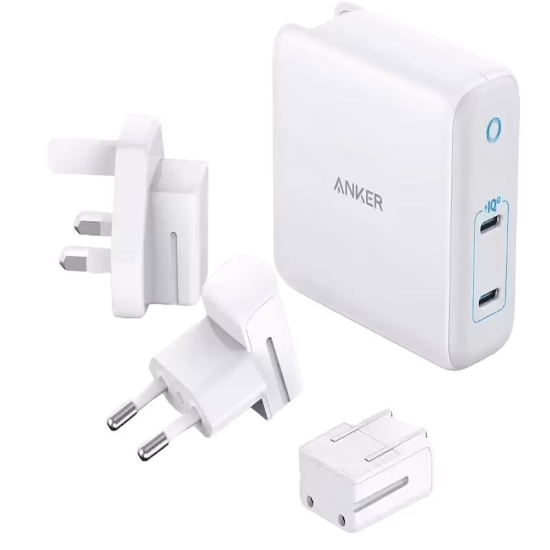 Anker PowerPort Atom III Duo 60W Dual Port Charger with UK, US, and EU Plugs.