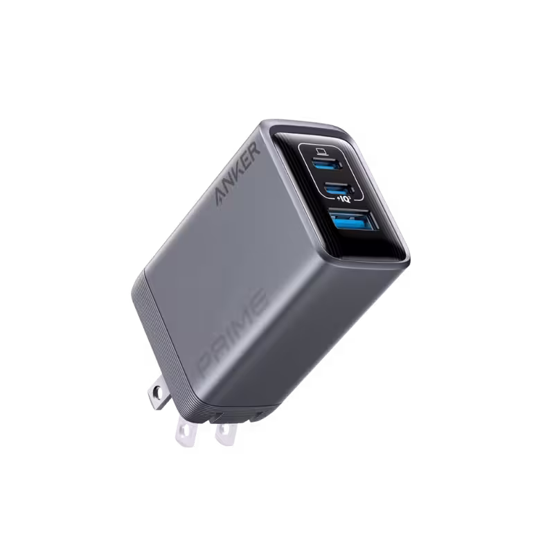 Anker Prime 100W 3-Port GaN Wall Charger for MacBook, iPhone, and Samsung.