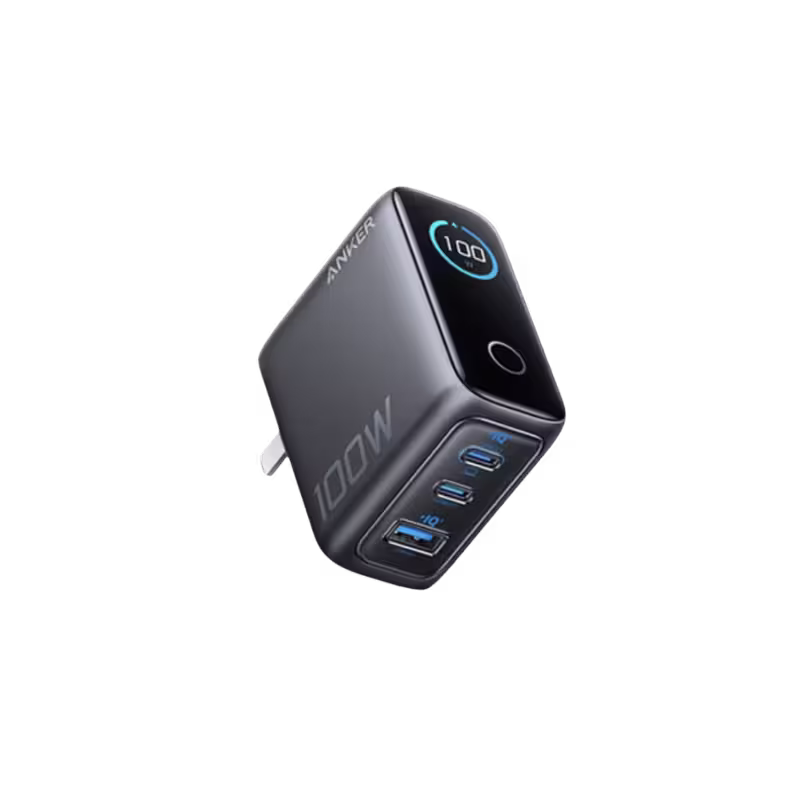 Anker Zolo 100W GaN Wall Charger with Smart Real-time Display and 3 Charging Ports.