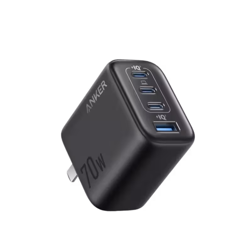 Anker Zolo 70W GaN Charger with 3 USB-C and 1 USB-A Port for Multi-Device Charging.